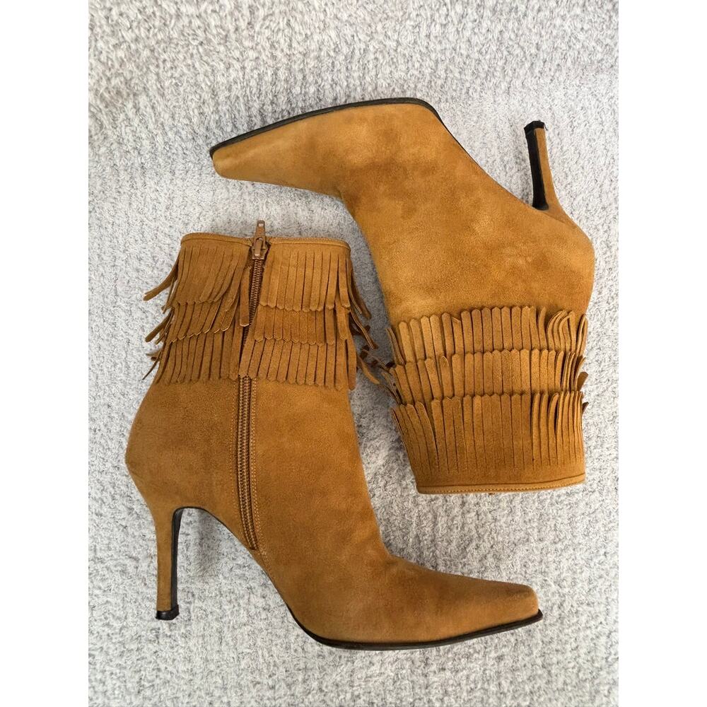Stuart Weitzman Brown Suede Leather Fringe Heeled Booties Size 6.5 #68884 - Picture 2 of 6
